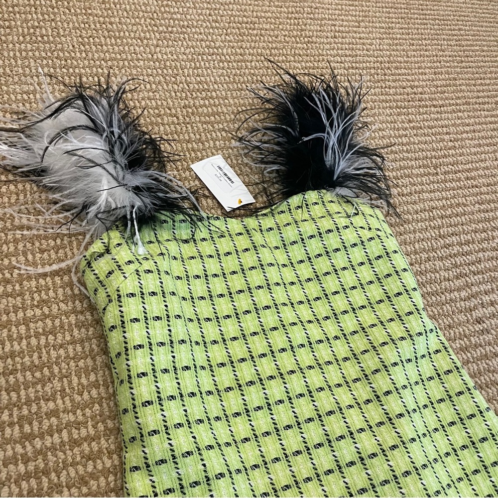 Queen of Sparkles Neon Lime Tweed Feather Strap Dress Medium NWT - Picture 9 of 10
